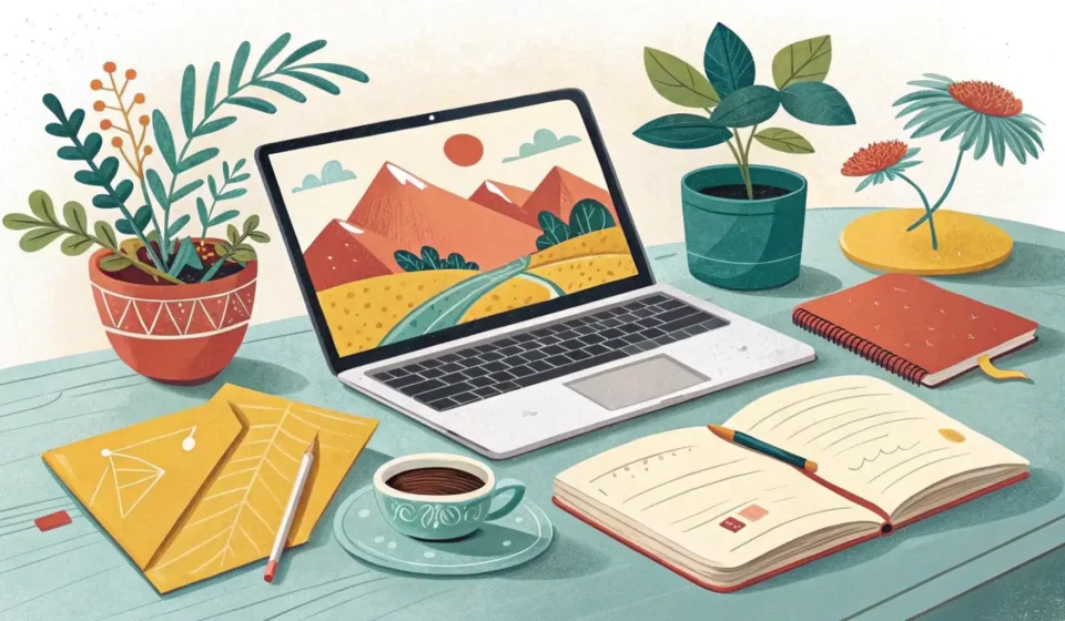How to Say Study Abroad Consulting Business in Korean Illustration representing planning study abroad in Korea, featuring a laptop with a map, passport, a...
