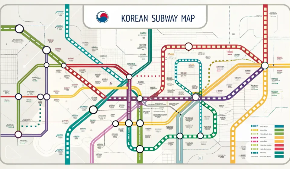 How to Ask About Subway Line Changes in Korean Stylized Korean subway map showing intersecting lines, with one line disrupted or changed, symbolizi...