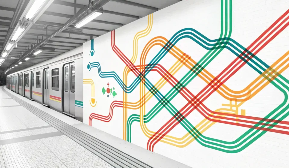 Understanding the Korean Subway Map Stylized illustration of colorful intersecting lines representing a Korean subway map, symbolizing l...