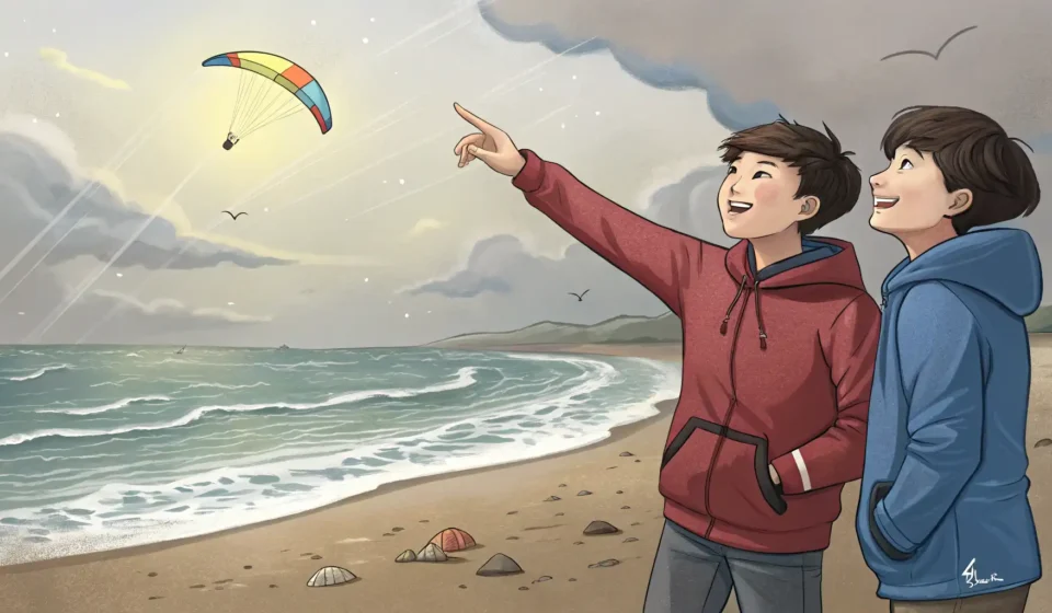 Convincing Your Friend to Try Kite Surfing in Korean Two friends on a windy Korean beach, one enthusiastically pointing out kitesurfers to a hesitant fri...