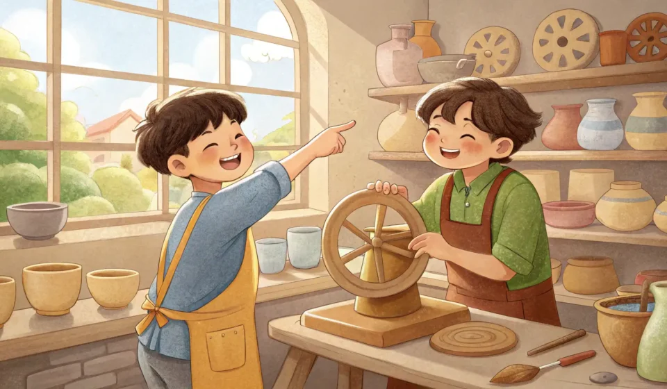 Convincing a Friend to Try Pottery in Korean Illustration of two happy Korean friends in a pottery studio, one enthusiastically suggesting trying...