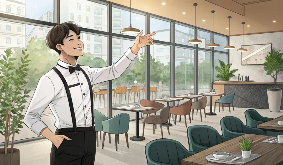 Suggesting a Salad in Korean: Waiter’s Guide A Korean waiter presenting a healthy, colorful salad bowl in a bright cafe, illustrating a Korean la...