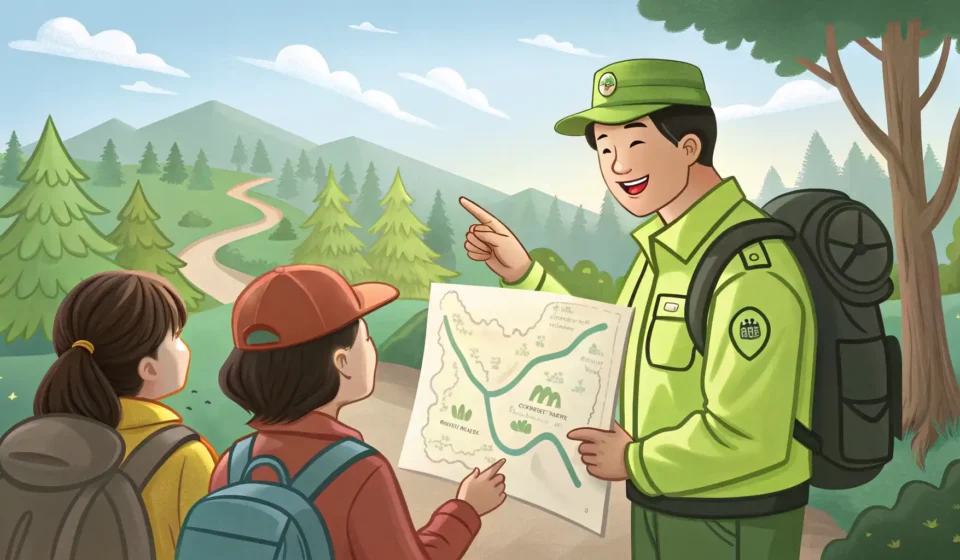 Asking About Sunrise Hiking Trails in Korean Illustration of a hiker asking a Korean park ranger for directions on a mountain trail, with a beaut...