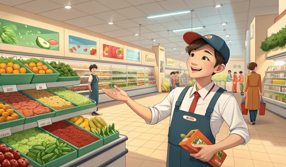 Asking for Help at a Korean Supermarket A friendly Korean supermarket employee assists a customer looking for an item in a brightly lit groc...
