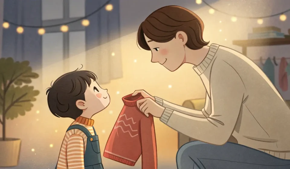 How to Negotiate Wearing a Sweater in Korean Illustration depicting a Korean parent offering a sweater to a reluctant child before a chilly mount...