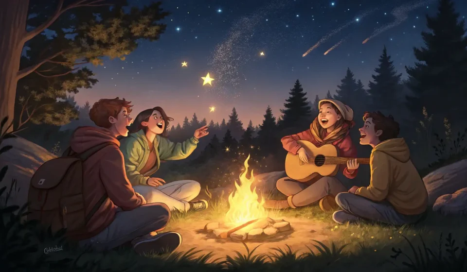 How to Tease a Friend About Bad Singing in Korean Illustration of friends at a campfire, one singing badly while another playfully teases them, symbol...