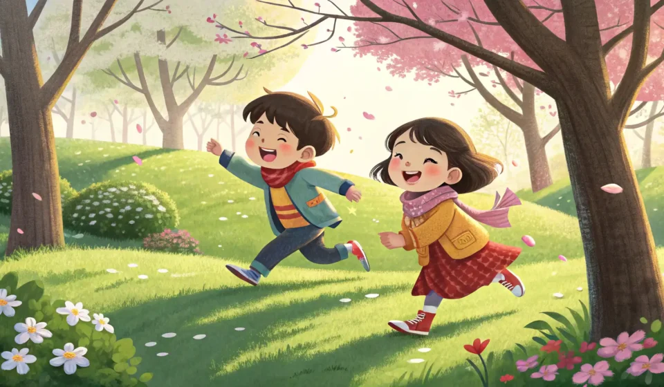 Teasing a Sibling About Running Slowly in Korean Two cartoon Korean children running in a park; the faster one teases the slower one who is lagging b...
