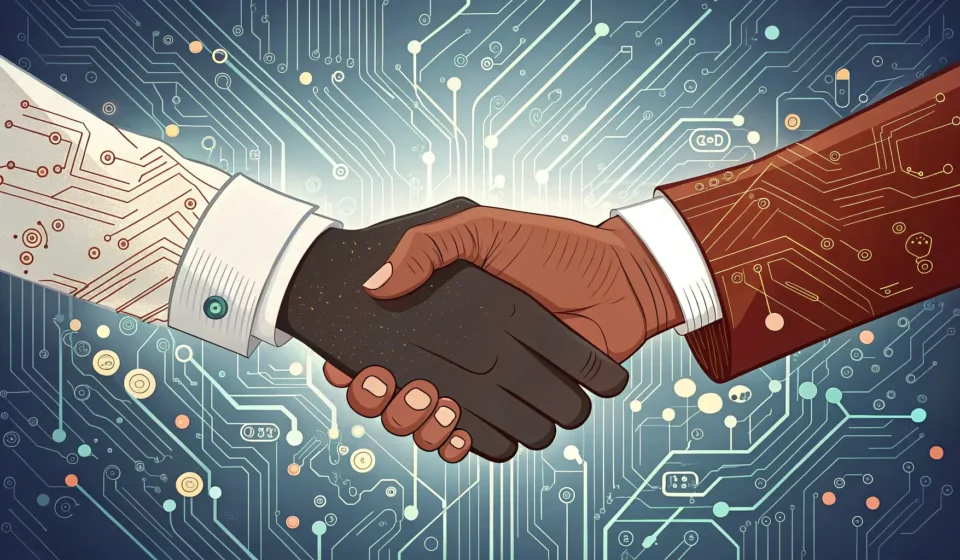 How to Say Technology Transfer Agreement in Korean Hands shaking over abstract technology graphics with a subtle Seoul skyline, symbolizing a technolog...
