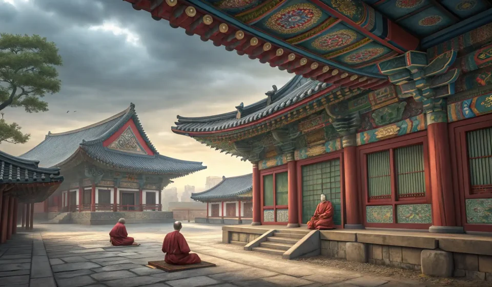 Learning Buddhist Temple Visit Etiquette in Korean A peaceful courtyard view of a traditional Korean Buddhist temple with ornate eaves and a stone pago...