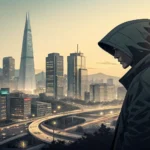 How to Make an International Money Transfer in Korean Stylized shadow figure overlooking a modern Korean cityscape at dusk, representing the Korean term f...