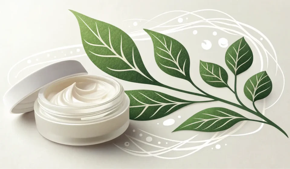Understanding Yeast Protein in Korean A minimalist graphic showing a green leaf transforming into a cosmetic droplet, symbolizing the natu...