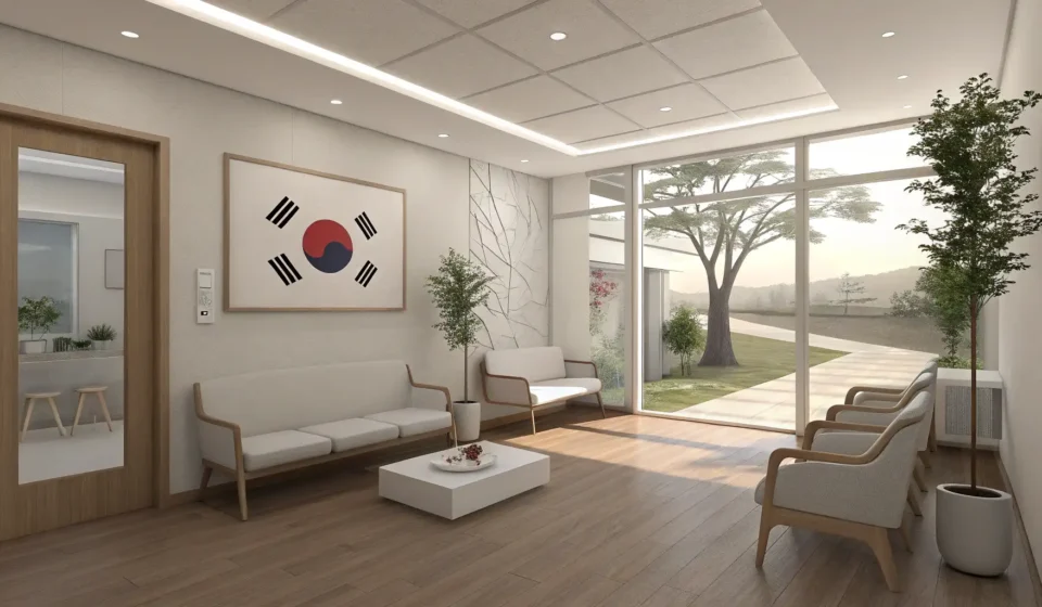 How to Say Thigh Fat Clinic in Korean A serene, minimalist interior of a modern Korean clinic waiting area, representing the topic of lear...