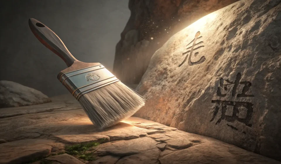 How to Say A Time-Traveling Artist Negotiating with a Cave Dweller for Time Echo Paints in Korean A glowing paintbrush creating a traditional Korean pattern with ethereal paint over an ancient stone...