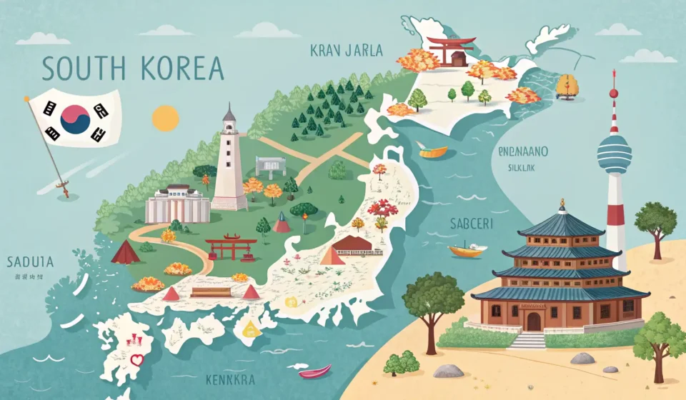 Getting Information About Tourist Attractions in Korea Stylized map of South Korea with landmark icons and a magnifying glass, representing finding tourist...