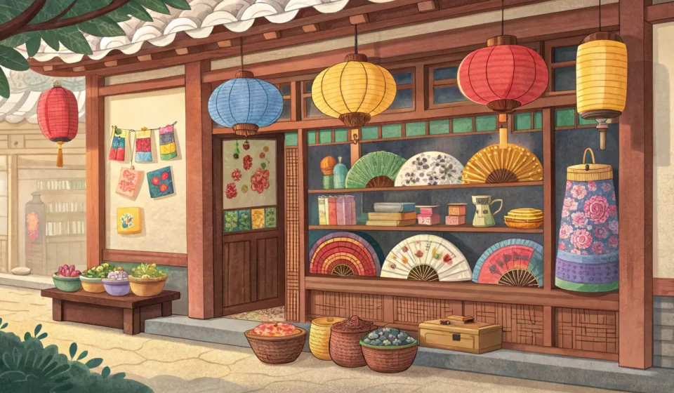 Finding Traditional Korean Craft Shops A close-up view of diverse Korean traditional crafts like ceramics and fans displayed attractively i...