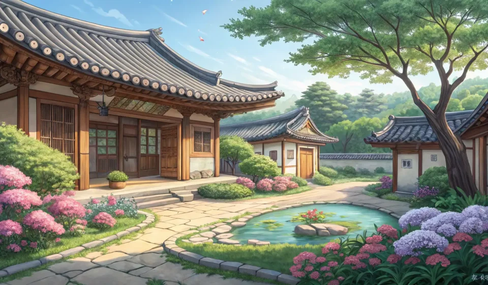 How to Say ‘Looking Around Traditional Houses’ in Korean Illustration depicting a serene courtyard of a traditional Korean Hanok house, highlighting its uniq...