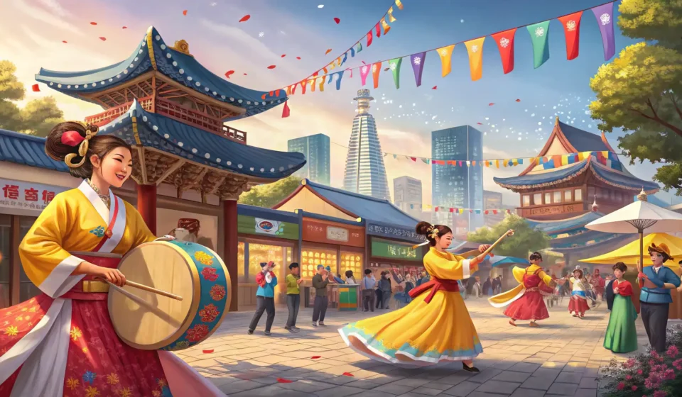 Asking About Traditional Korean Songs at a Cultural Fair A tourist at a Korean cultural fair curiously looking towards a local while traditional musicians pe...