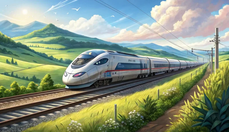 How to Book Train Tickets in Korean Illustration of a modern Korean high-speed train traveling through the Korean countryside, symbolizi...
