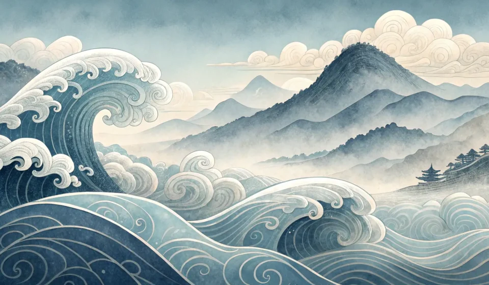 How to Say ‘A Ghost Sailor Convincing a Mermaid to Chart by Phantom Tide Current Steering Pull Flows’ in Korean Stylized Korean ink wash painting of swirling ocean waves with a subtle compass rose motif, evoking...