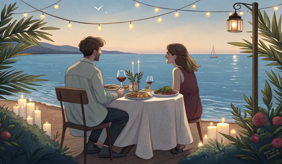 Planning a Snorkeling Trip Over Dinner by the Sea in Korean A couple enjoys a romantic dinner by the sea at sunset, subtly planning a trip with a beach brochure...