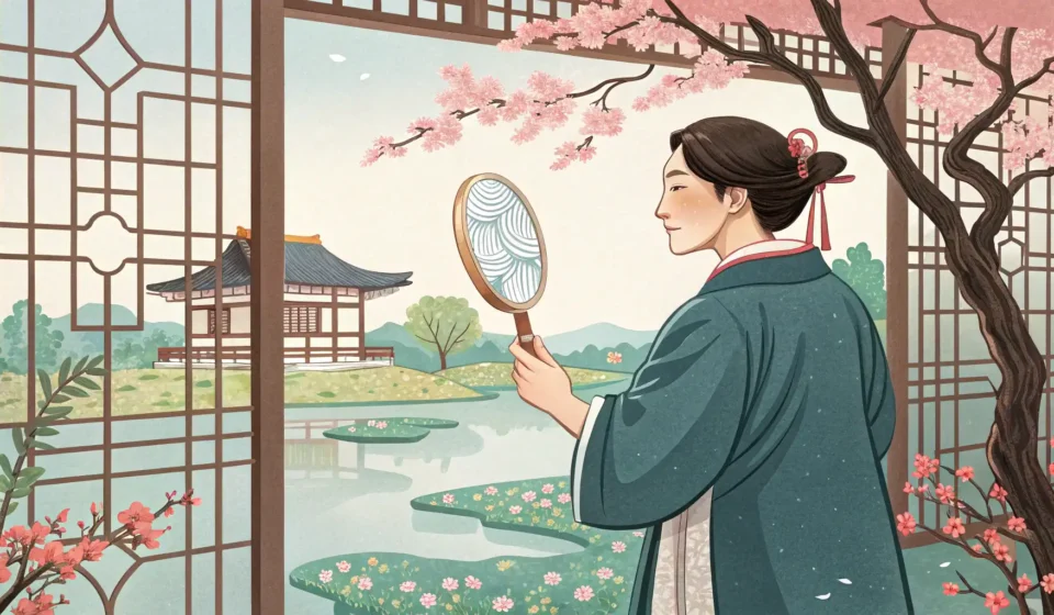 How to Discuss Under-Eye Fat Procedures in Korean Stylized illustration of a person looking into a hand mirror reflecting clear eyes, set against a cl...