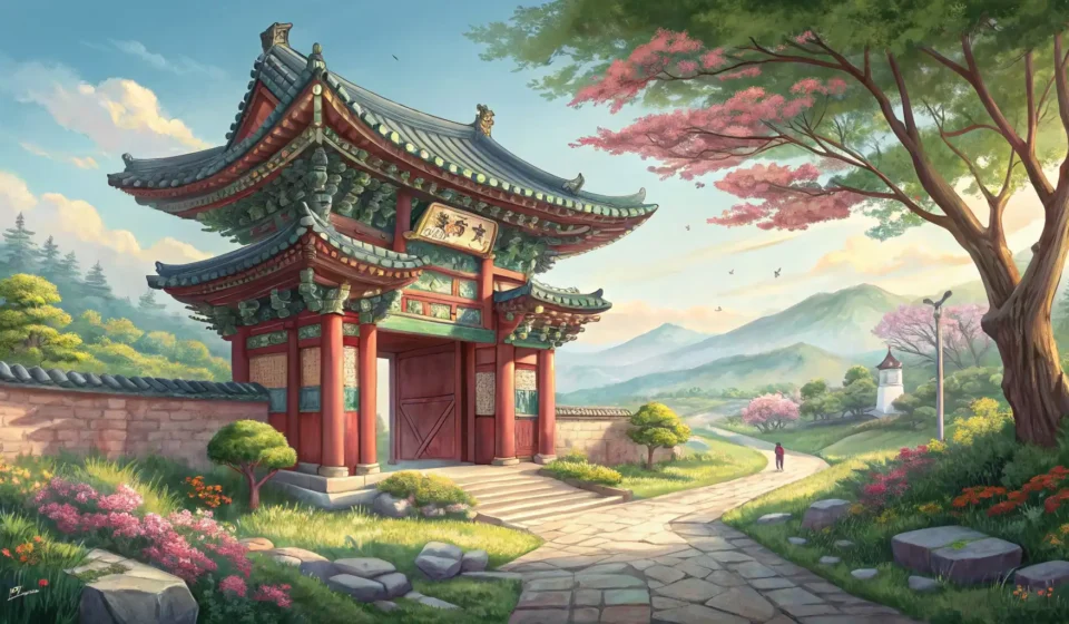 How to Say UNESCO World Heritage Site in Korean Illustration of a traditional Korean temple gate amidst mountains and cherry blossoms, symbolizing l...