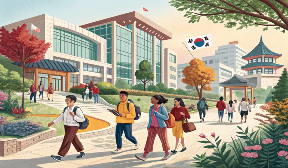 Understanding the Korean University System Illustration showing diverse students walking on a modern Korean university campus with a prominent...