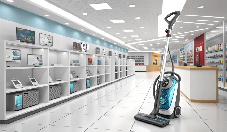 Asking About a Warranty for a Vacuum Cleaner in Korean A sleek vacuum cleaner displayed in a bright Korean electronics store, representing learning how to...