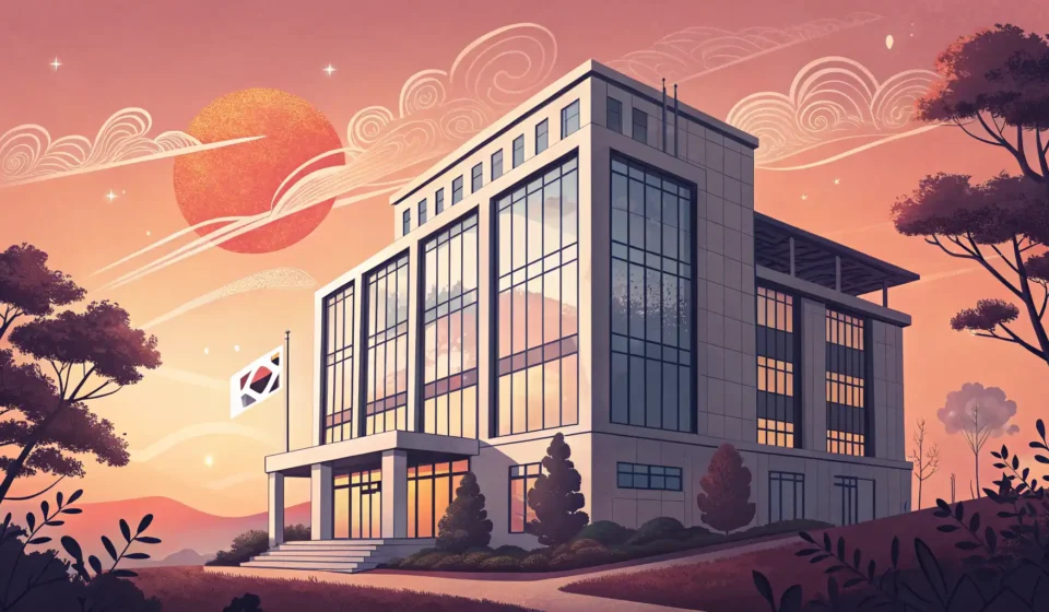 Understanding Voluntary Retirement (희망퇴직) in Korean Illustration of a modern Korean office building at sunset with falling autumn leaves, representing t...