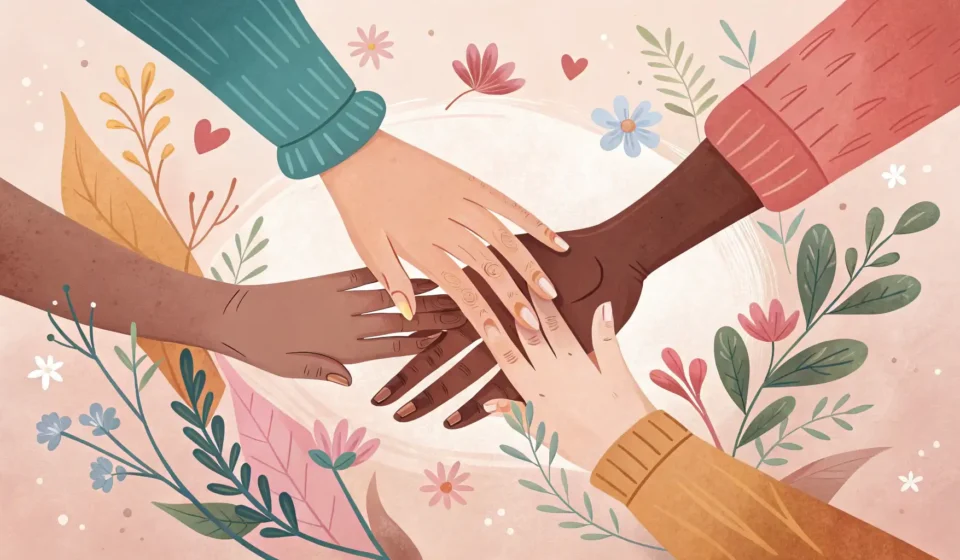 How to Inquire About Volunteering in Korean Illustration of hands coming together, symbolizing community and volunteering, with subtle Korean cu...
