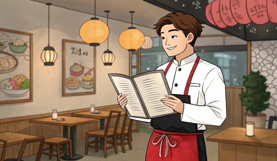 How to Handle Gluten-Free Requests in Korean (Waiter’s Perspective) Illustration of a Korean waiter in a restaurant holding a menu, ready to take an order, symbolizing...