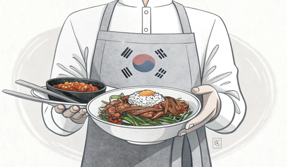 Handling Customer Requests: Asking for a New Spoon in Korean Minimalist illustration of a waiter's hands presenting a clean Korean spoon in a restaurant setting,...