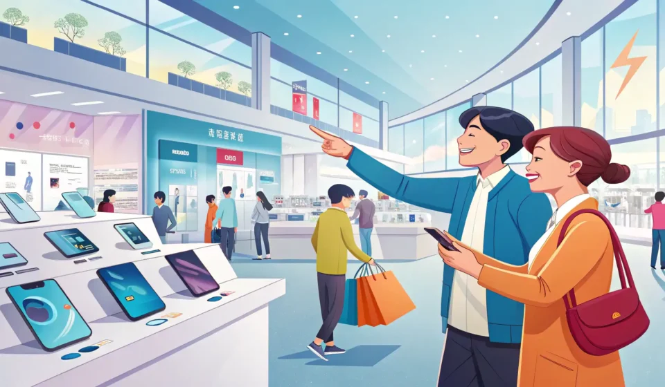 Asking About Warranties in Korean: Air Fryer Example A shopper asking a clerk about an air fryer warranty in a modern Korean electronics store setting, s...