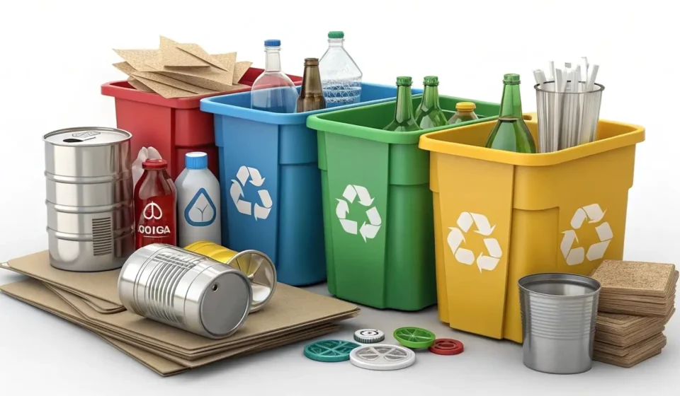How to Say Separate Waste Collection (분리수거) in Korean Neatly sorted piles of recyclables including plastic, paper, cans, and glass, illustrating the conce...