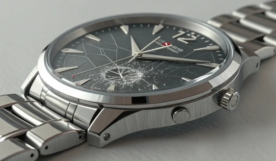Requesting a Refund for a Scratched Watch in Korean Close-up of a modern watch with a scratched face on a counter, symbolizing requesting a refund for a...