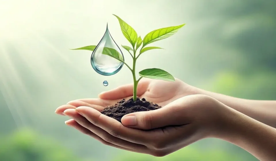 How to Say Water Conservation Agriculture in Korean Illustration symbolizing water conservation agriculture in Korea, showing hands protecting a water d...