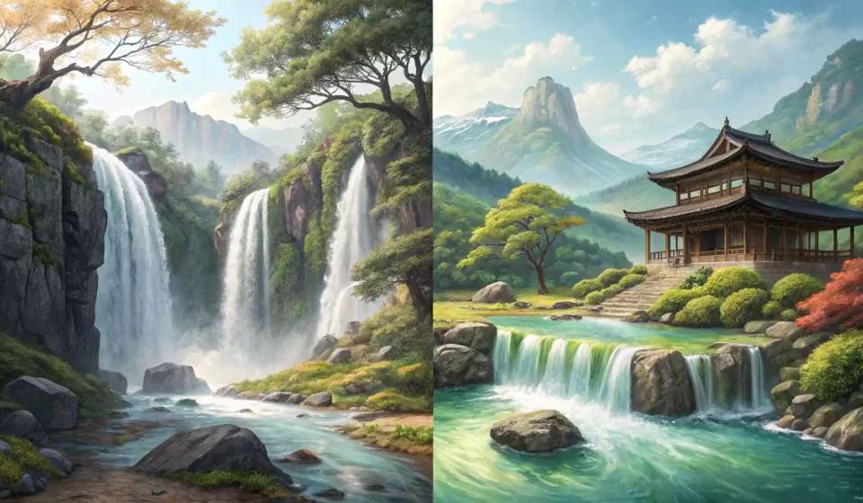 Discussing Weekend Waterfall Trips in Korean Split image contrasting two beautiful Korean waterfalls nestled in lush green forests, symbolizing t...