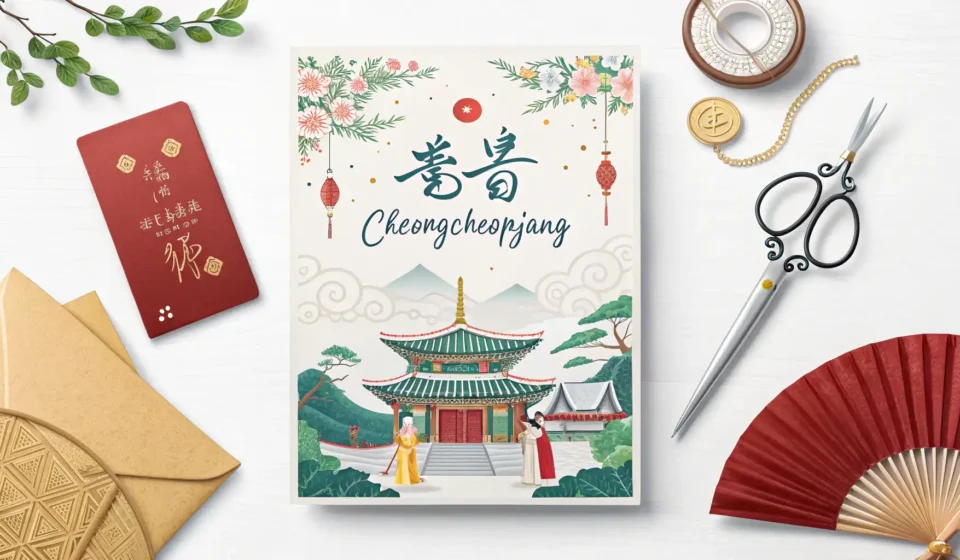 Preparing to Attend a Korean Wedding Stylized illustration of a Korean wedding invitation with traditional designs and a white gift money...