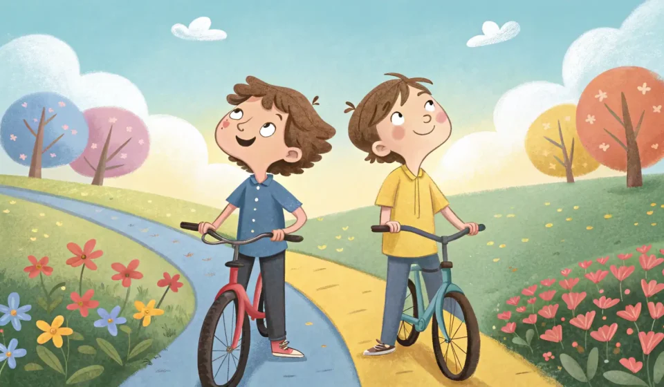 Discussing Weekend Biking Plans in Korean Illustration of two friends with bikes in a Korean park, looking thoughtful as they decide which pat...