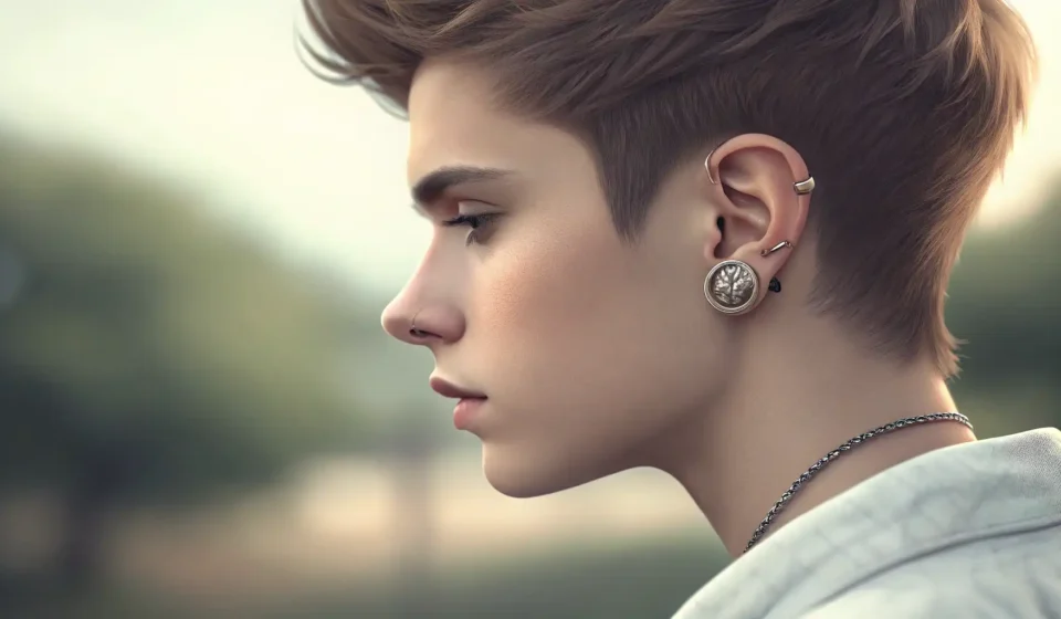 How to Say Wireless Earphones in Korean Close-up on an ear with a subtle blue light effect suggesting wireless audio, set against a blurred,...