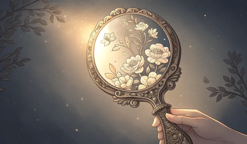 How to Say “A wizard detective negotiating with a talking mirror for a glimpse of truth” in Korean Stylized illustration of a glowing traditional Korean hand mirror reflecting an abstract light symbo...