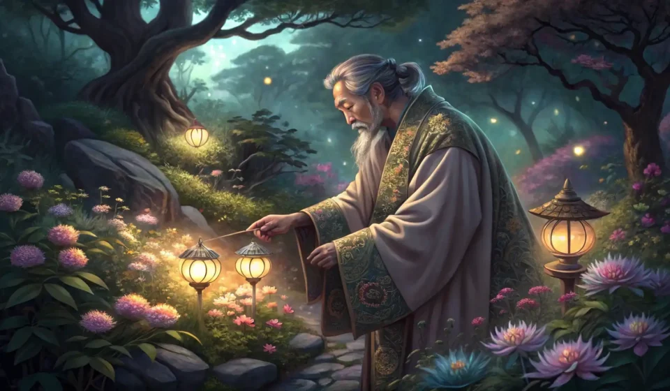 Wizard Gardener’s Negotiation: Korean Phrases for Magical Blooms Illustration of a wizard gardener receiving a glowing raindrop seed from a rain sprite in a magical...