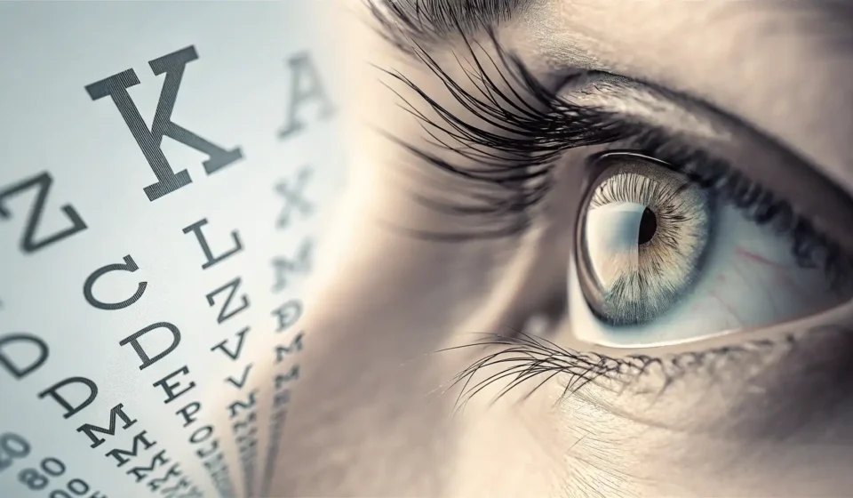 How to Say Sasi in Korean A split image representing the two meanings of the Korean word 'sasi': an abstract eye chart pattern...