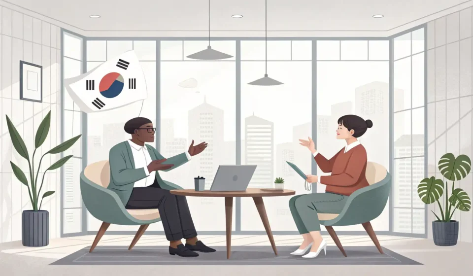 Explaining New Goals to Teammates in Korean Two professionals discussing a goal, represented by an arrow graphic on a screen, in a modern Korean...