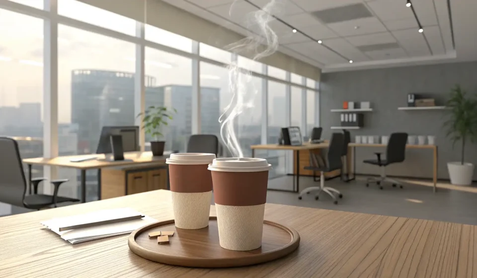 Explaining a New Policy to a Teammate in Korean Two coffee cups on a table in a Korean office breakroom setting, representing colleagues discussing...