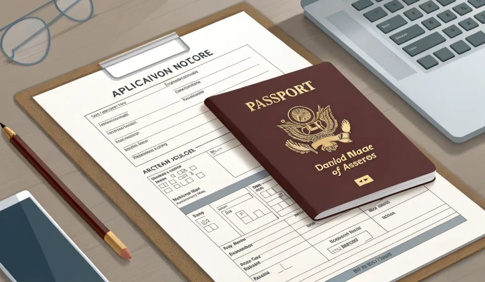 Applying for a Work Visa in Korean Illustration of a passport, blank application form, and pen on a desk, symbolizing the process of ap...