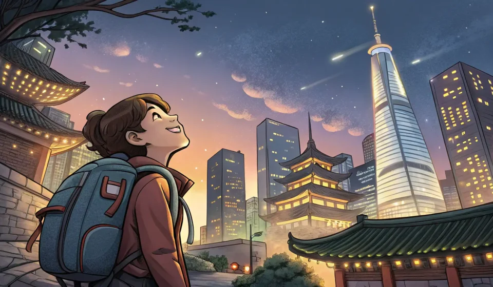 How to Say Working Holiday Insurance in Korean Illustration of a traveler before the Seoul skyline with a shield icon, representing Korean working...