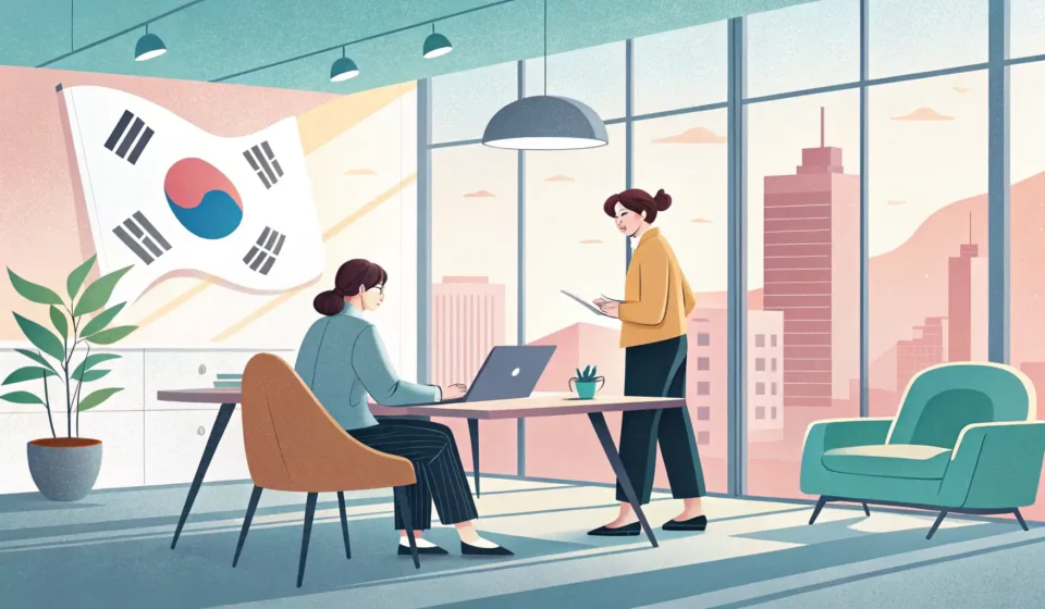 Addressing Noisy Equipment in a Korean Workplace: The Conference Room Fan Illustration showing polite communication between two figures in a modern Korean office conference r...