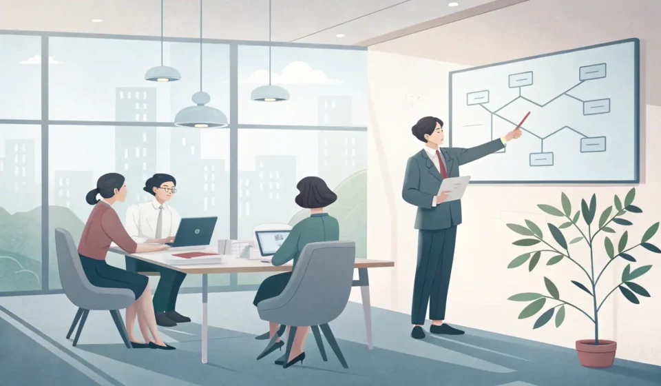 Explaining New Rules in Korean Workplace Meetings A Korean worker explains a concept using a screen with diagrams to two attentive colleagues during a...