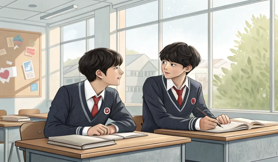 How to Ask for Advice on a Short Story Draft in Korean Two Korean students in a classroom collaborating over a notebook, symbolizing asking a peer for advi...